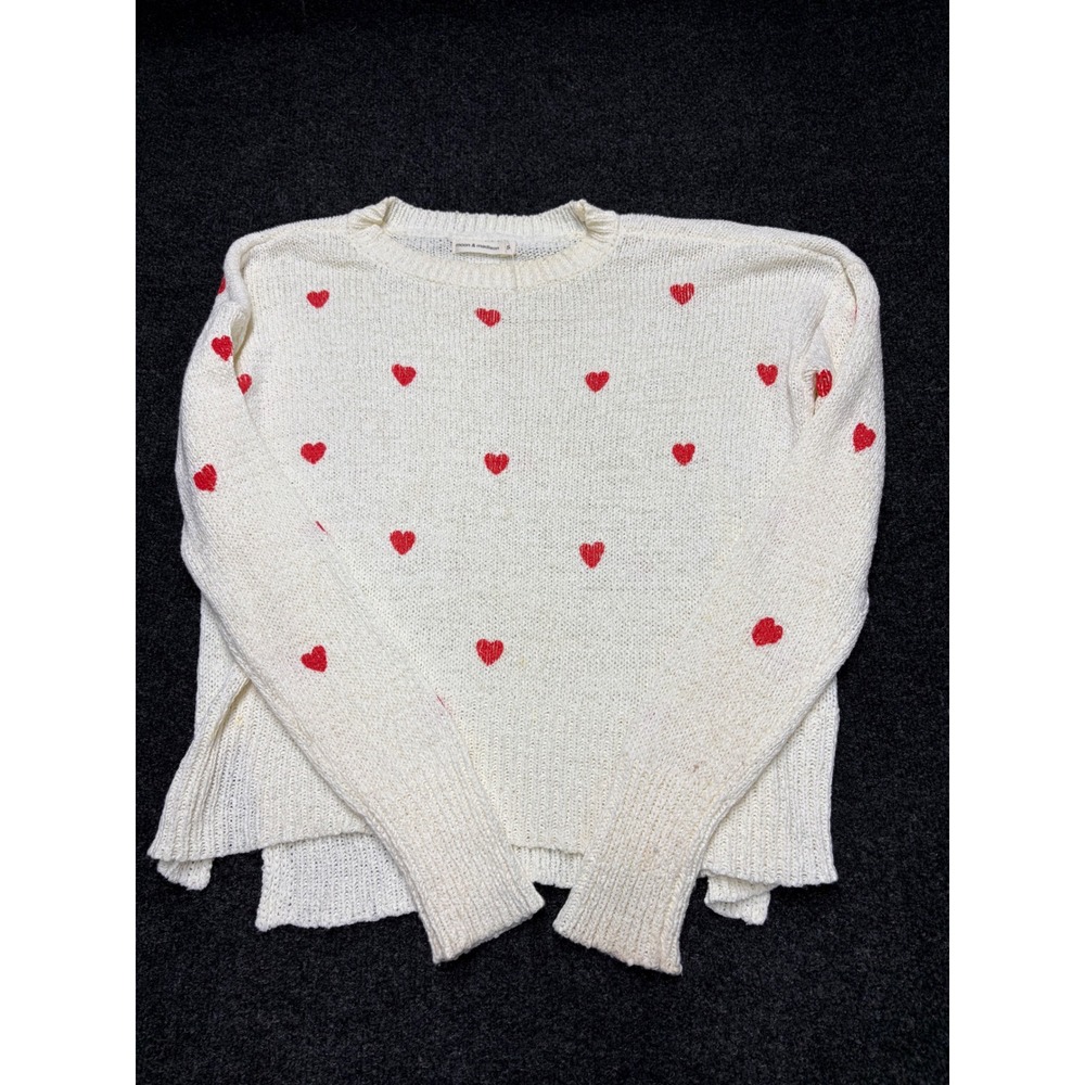 Moon & Madison Ivory Cream Heart Embroidered High Low Crewneck Sweater Small